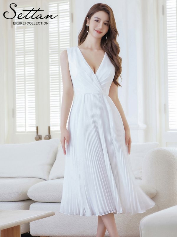 画像11: [送料無料][SETTAN]ネイビー・ホワイト・シンプル・無地・細プリーツ・Vネック・ノースリーブ・Aライン・ミディアムドレス・ワンピース[即日発送][大きいサイズあり] (11)