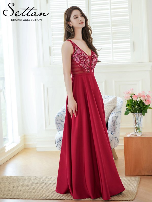 画像2: [送料無料][SETTAN]ワインレッド・アイボリー・ピンク・ネイビー・刺繍・セクシー・シースルー・Aライン・ロングドレス[即日発送][大きいサイズあり] (2)