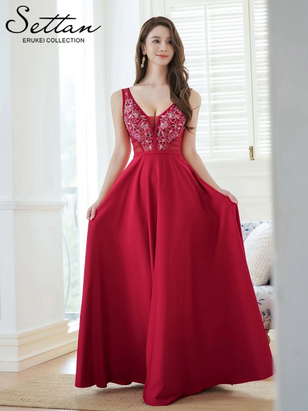 画像5: [送料無料][SETTAN]ワインレッド・アイボリー・ピンク・ネイビー・刺繍・セクシー・シースルー・Aライン・ロングドレス[即日発送][大きいサイズあり] (5)