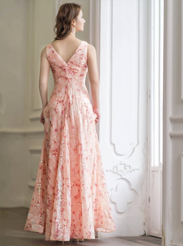 画像4: [送料無料][SETTAN]ピンク・Aライン・フレア・スパンコール・刺繍・ロングドレス[即日発送][大きいサイズあり] (4)