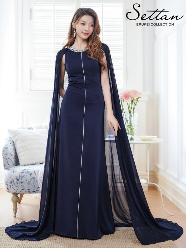 画像8: [送料無料][SETTAN]ホワイト・ネイビー・ワインレッド・マント風・シフォン・ロングスリーブ・スパンコール・ビーズ シンプル・Aライン・ロングドレス[即日発送][大きいサイズあり] (8)