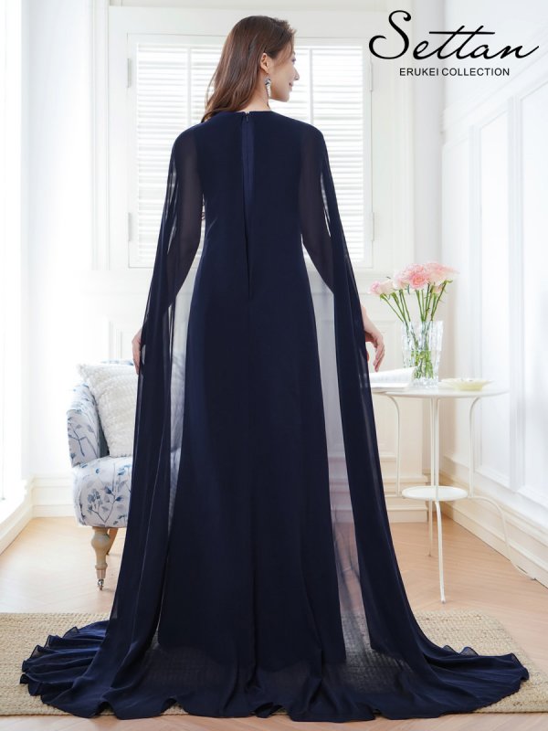 画像9: [送料無料][SETTAN]ホワイト・ネイビー・ワインレッド・マント風・シフォン・ロングスリーブ・スパンコール・ビーズ シンプル・Aライン・ロングドレス[即日発送][大きいサイズあり] (9)