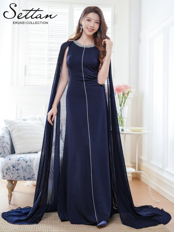 画像11: [送料無料][SETTAN]ホワイト・ネイビー・ワインレッド・マント風・シフォン・ロングスリーブ・スパンコール・ビーズ シンプル・Aライン・ロングドレス[即日発送][大きいサイズあり] (11)