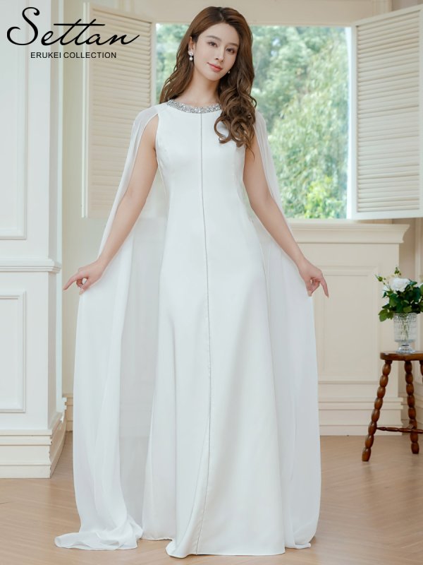 画像2: [送料無料][SETTAN]ホワイト・ネイビー・ワインレッド・マント風・シフォン・ロングスリーブ・スパンコール・ビーズ シンプル・Aライン・ロングドレス[即日発送][大きいサイズあり] (2)