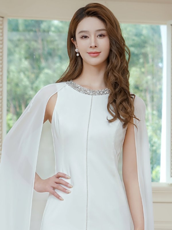 画像4: [送料無料][SETTAN]ホワイト・ネイビー・ワインレッド・マント風・シフォン・ロングスリーブ・スパンコール・ビーズ シンプル・Aライン・ロングドレス[即日発送][大きいサイズあり] (4)