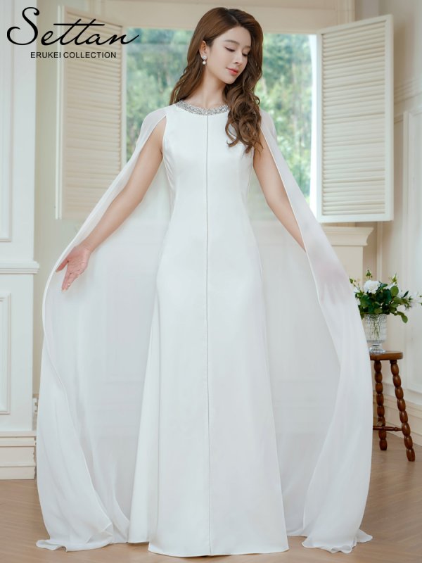 画像5: [送料無料][SETTAN]ホワイト・ネイビー・ワインレッド・マント風・シフォン・ロングスリーブ・スパンコール・ビーズ シンプル・Aライン・ロングドレス[即日発送][大きいサイズあり] (5)