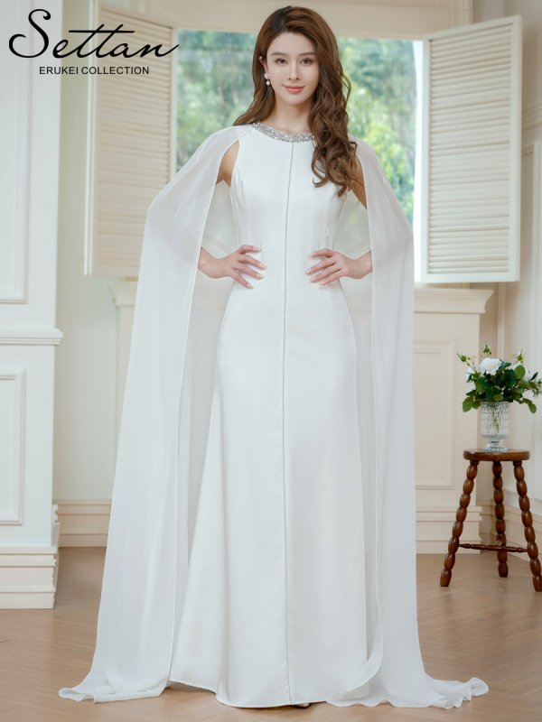 画像6: [送料無料][SETTAN]ホワイト・ネイビー・ワインレッド・マント風・シフォン・ロングスリーブ・スパンコール・ビーズ シンプル・Aライン・ロングドレス[即日発送][大きいサイズあり] (6)