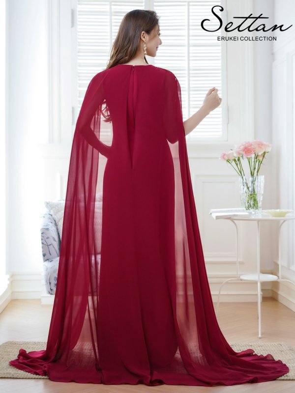 画像15: [送料無料][SETTAN]ホワイト・ネイビー・ワインレッド・マント風・シフォン・ロングスリーブ・スパンコール・ビーズ シンプル・Aライン・ロングドレス[即日発送][大きいサイズあり] (15)