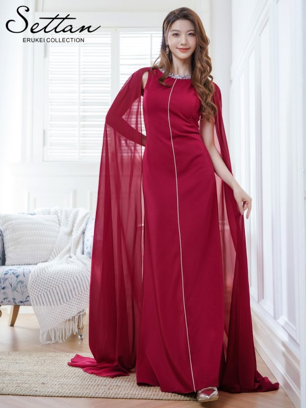 画像17: [送料無料][SETTAN]ホワイト・ネイビー・ワインレッド・マント風・シフォン・ロングスリーブ・スパンコール・ビーズ シンプル・Aライン・ロングドレス[即日発送][大きいサイズあり] (17)