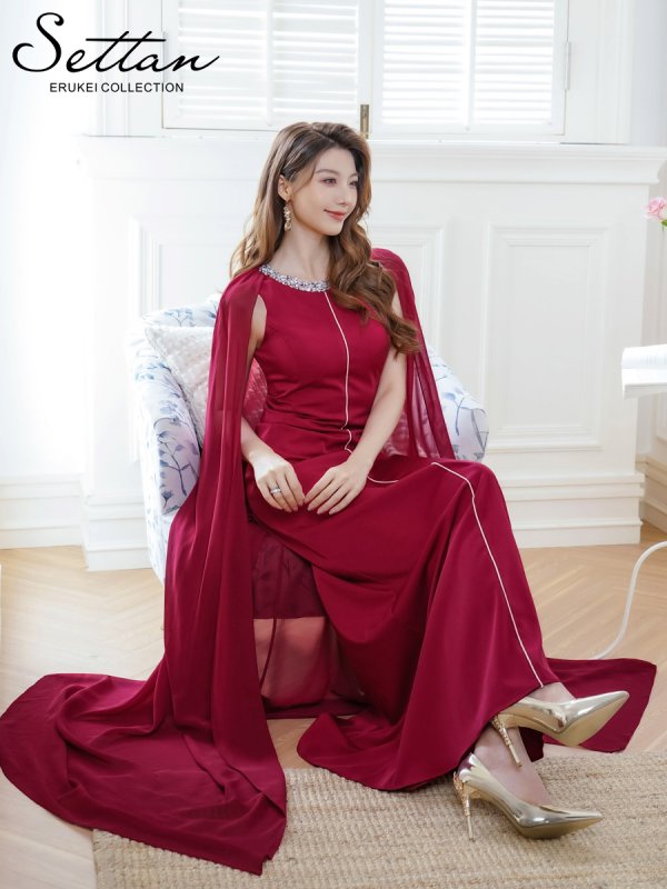 画像18: [送料無料][SETTAN]ホワイト・ネイビー・ワインレッド・マント風・シフォン・ロングスリーブ・スパンコール・ビーズ シンプル・Aライン・ロングドレス[即日発送][大きいサイズあり] (18)