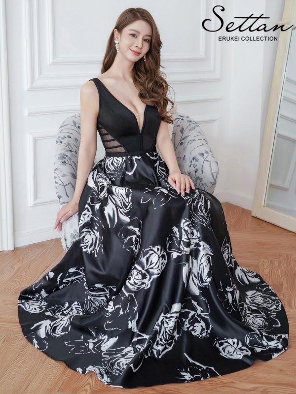 画像1: [送料無料][SETTAN]ブラック×ホワイト・ワインレッド×ホワイト・薔薇・花柄・プリント・サテン・セクシー・シースルー・ノースリーブ・Aライン・ロングドレス[即日発送][大きいサイズあり] (1)