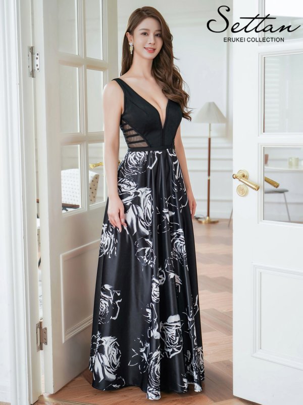 画像2: [送料無料][SETTAN]ブラック×ホワイト・ワインレッド×ホワイト・薔薇・花柄・プリント・サテン・セクシー・シースルー・ノースリーブ・Aライン・ロングドレス[即日発送][大きいサイズあり] (2)