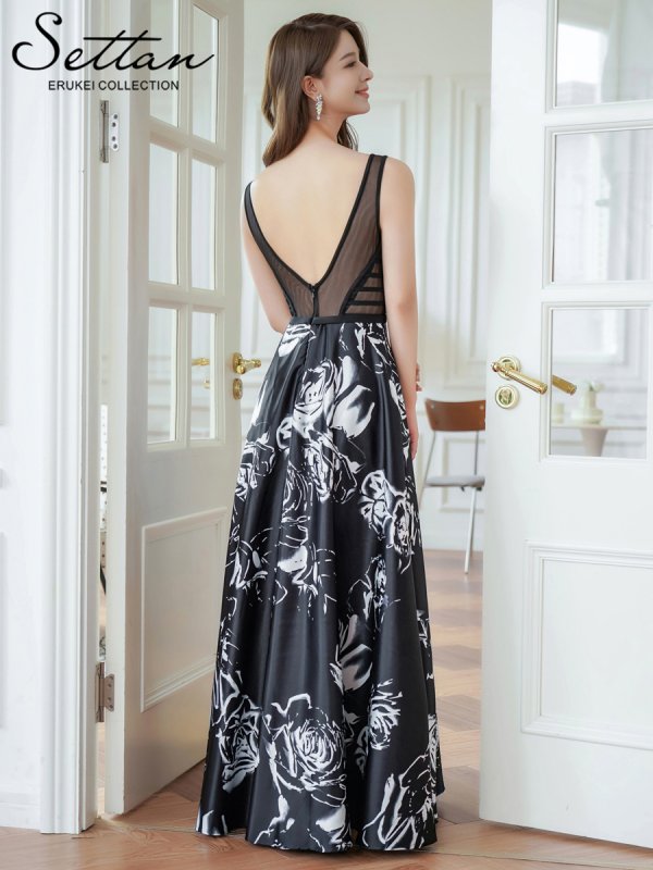 画像3: [送料無料][SETTAN]ブラック×ホワイト・ワインレッド×ホワイト・薔薇・花柄・プリント・サテン・セクシー・シースルー・ノースリーブ・Aライン・ロングドレス[即日発送][大きいサイズあり] (3)