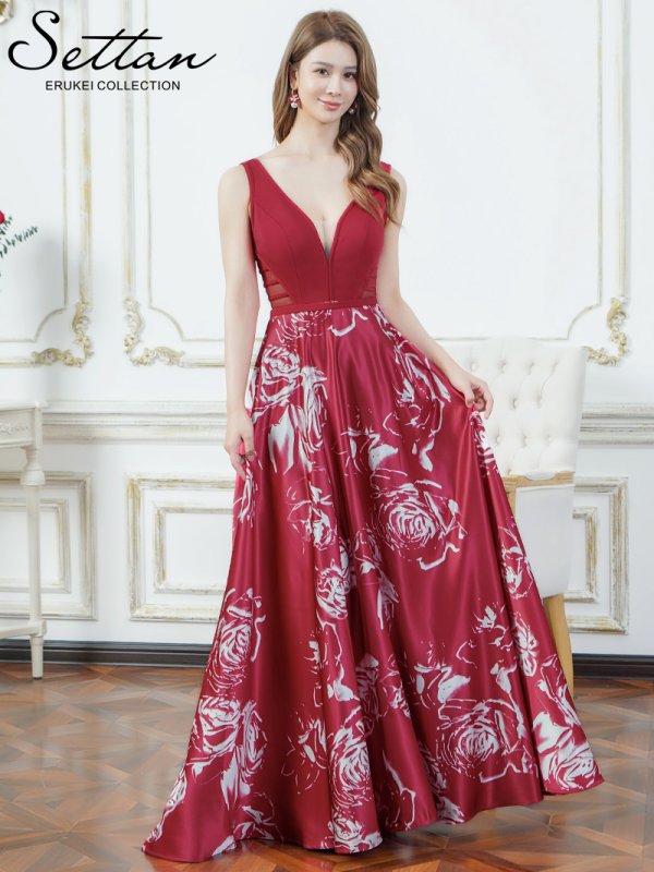 画像2: [送料無料][SETTAN]ワインレッド×ホワイト・ブラック×ホワイト・薔薇・花柄・プリント・サテン・セクシー・シースルー・ノースリーブ・Aライン・ロングドレス[即日発送][大きいサイズあり] (2)