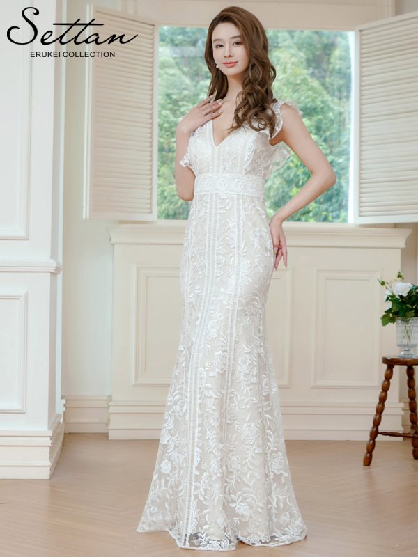 画像2: [送料無料][SETTAN]ホワイト・ブラック・Vネック・フリルスリーブ・総レース・ハイウエスト・タイト・マーメイド・ロングドレス[即日発送][大きいサイズあり] (2)