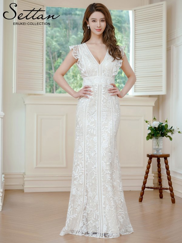 画像5: [送料無料][SETTAN]ホワイト・ブラック・Vネック・フリルスリーブ・総レース・ハイウエスト・タイト・マーメイド・ロングドレス[即日発送][大きいサイズあり] (5)
