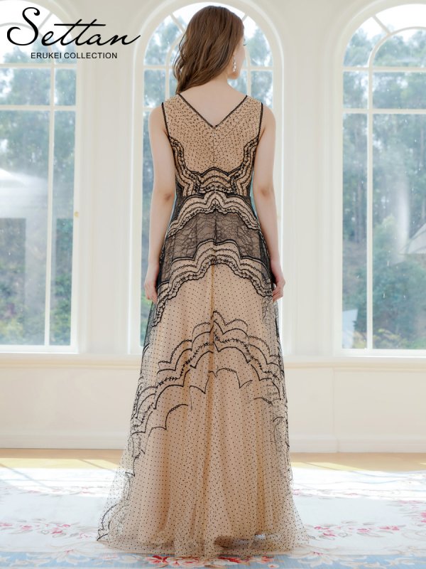 画像3: [送料無料][SETTAN]ベージュ×ブラック・ノースリーブ・Vネック・タック・チュールレース・ドット・ハイウエスト・Aライン・ロングドレス[即日発送][大きいサイズあり] (3)