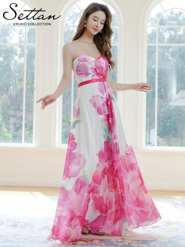 画像8: [送料無料][SETTAN]ホワイト×オレンジ・ホワイト×ピンク・ベアトップ・スピンドル・シフォン・花柄・プリント・Aライン・ロングドレス[即日発送][大きいサイズあり] (8)