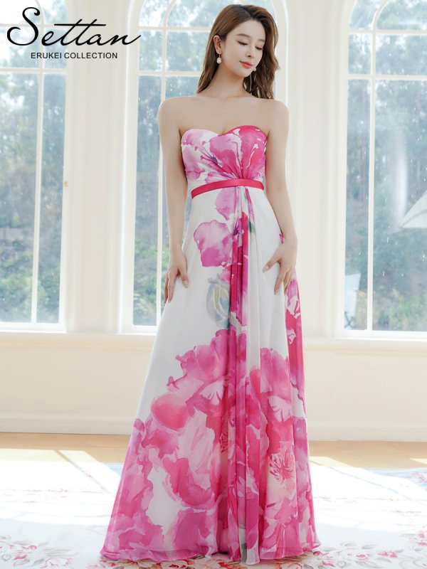 画像11: [送料無料][SETTAN]ホワイト×オレンジ・ホワイト×ピンク・ベアトップ・スピンドル・シフォン・花柄・プリント・Aライン・ロングドレス[即日発送][大きいサイズあり] (11)