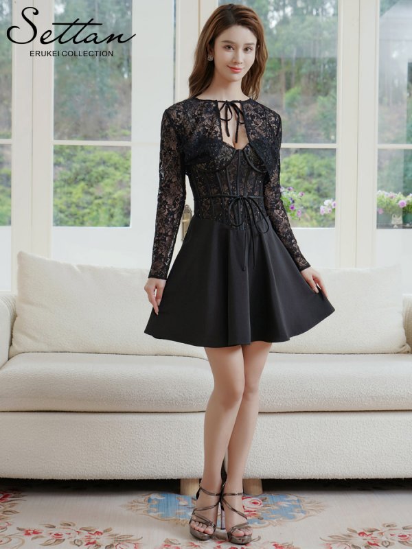 画像2: [送料無料][SETTAN]ブラック・ホワイト・2way・コルセット風・ボレロ・キャミソール・レース・ラインストーン・スパンコール・Aライン・ミニドレス・ワンピース[大きいサイズあり] (2)