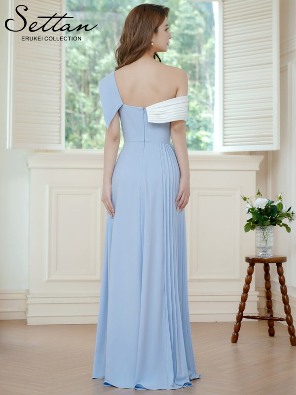 画像3: [送料無料][SETTAN]ブルー×ホワイト・バイカラー・ワンショルダー・変形襟・アシンメトリー・プリーツ・Aライン・ロングドレス[即日発送][大きいサイズあり] (3)