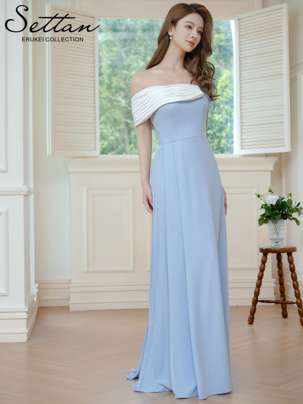 画像6: [送料無料][SETTAN]ブルー×ホワイト・バイカラー・ワンショルダー・変形襟・アシンメトリー・プリーツ・Aライン・ロングドレス[即日発送][大きいサイズあり] (6)