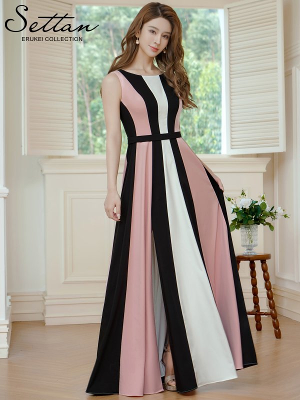 画像2: [送料無料][SETTAN]ブラック×ピンク・トリコロールカラー・ハイウエスト・スリット・Aライン・ロングドレス[即日発送][大きいサイズあり] (2)