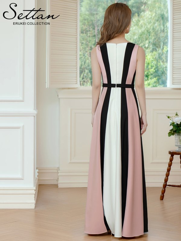 画像3: [送料無料][SETTAN]ブラック×ピンク・トリコロールカラー・ハイウエスト・スリット・Aライン・ロングドレス[即日発送][大きいサイズあり] (3)