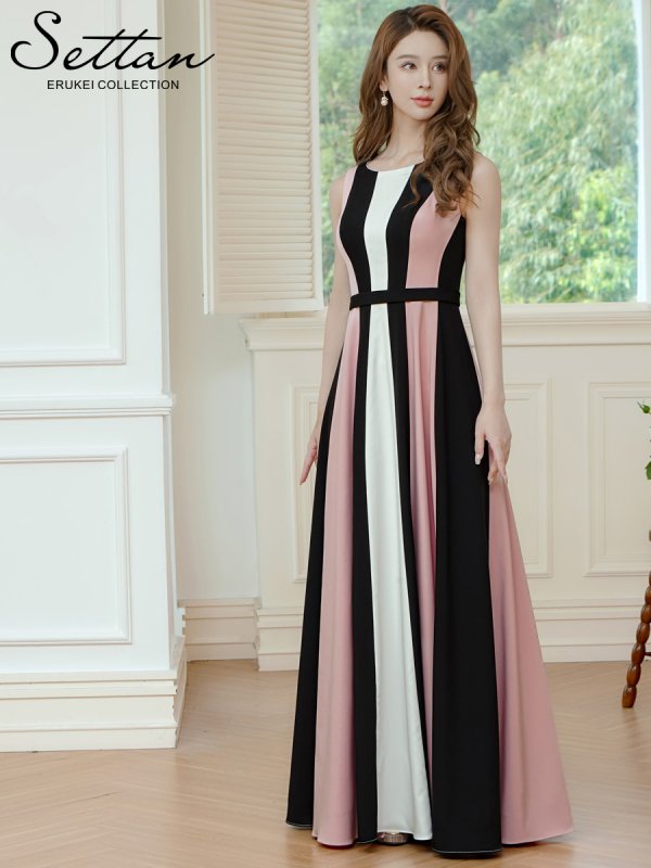 画像5: [送料無料][SETTAN]ブラック×ピンク・トリコロールカラー・ハイウエスト・スリット・Aライン・ロングドレス[即日発送][大きいサイズあり] (5)