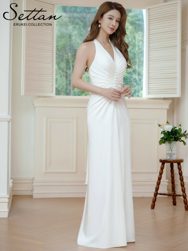 画像2: [送料無料][SETTAN]ホワイト・ホルターネック・サテン・パール・ギャザー・セクシー・ストレートライン・ロングドレス[即日発送][大きいサイズあり] (2)