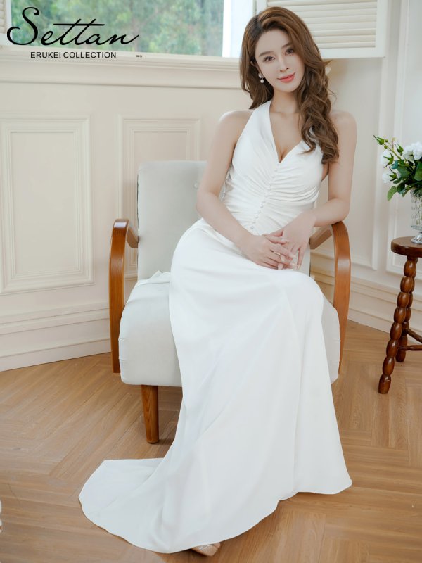 画像6: [送料無料][SETTAN]ホワイト・ホルターネック・サテン・パール・ギャザー・セクシー・ストレートライン・ロングドレス[即日発送][大きいサイズあり] (6)