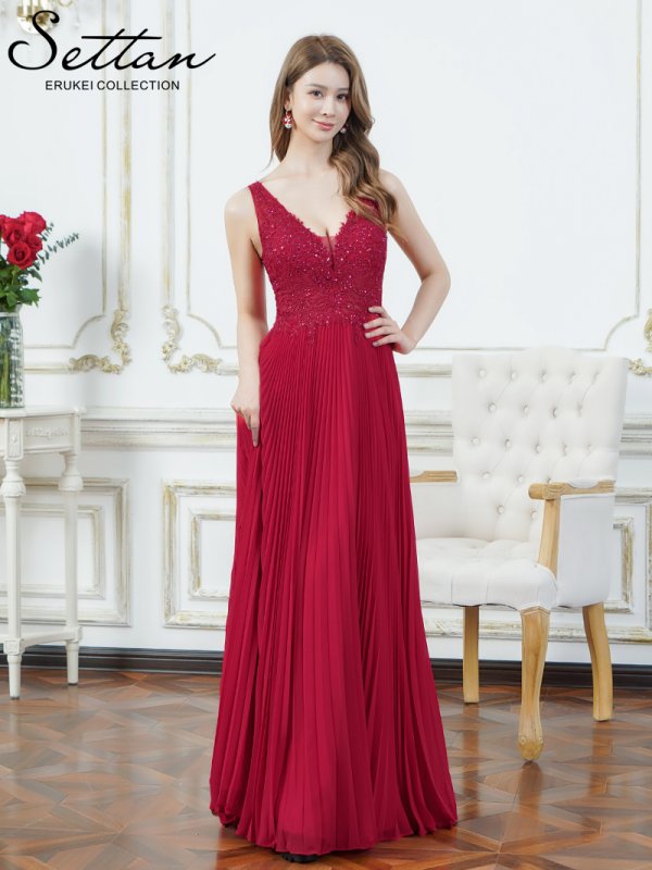 画像2: [送料無料][SETTAN]レッド・イエロー・ホワイト・ノースリーブ・ラメ・ラインストーン・プリーツ・刺?・レース・シアー・エレガント・Aライン・ロングドレス[即日発送][大きいサイズあり] (2)