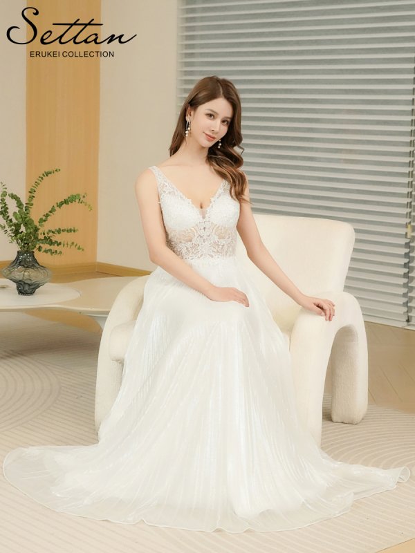 画像6: [送料無料][SETTAN]ホワイト・イエロー・レッド・ノースリーブ・ラメ・ラインストーン・プリーツ・刺?・レース・シアー・エレガント・Aライン・ロングドレス[即日発送][大きいサイズあり] (6)