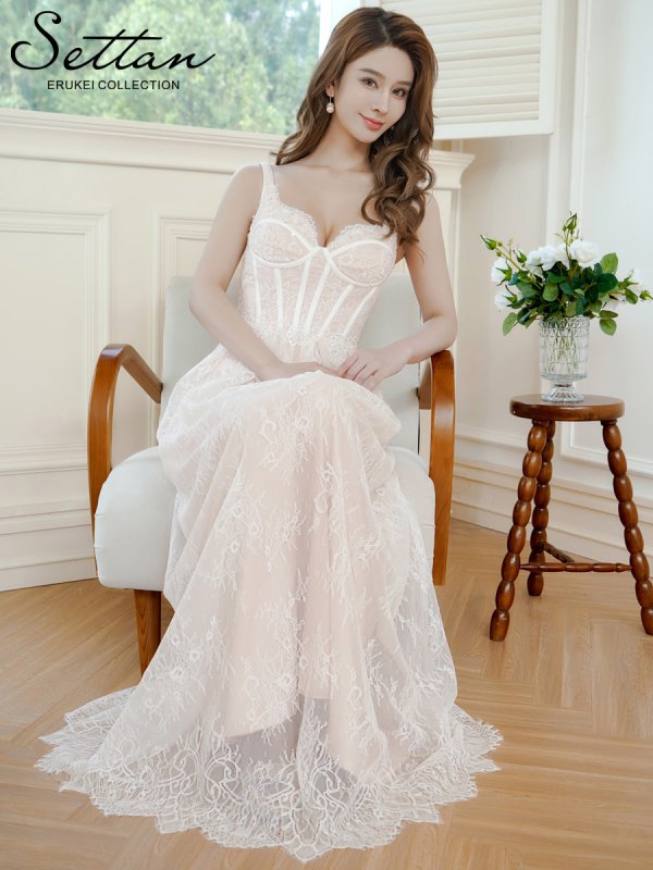 画像6: [送料無料][SETTAN]ホワイト・総レース・コルセット・ビーズ・スパンコール刺繡・エレガント・ノースリーブ・Aライン・ロングドレス[即日発送][大きいサイズあり] (6)