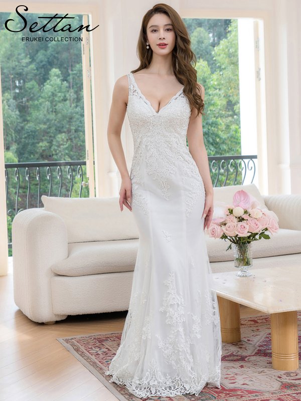 画像6: [送料無料][SETTAN]ホワイト・ノースリーブ・Vネック・パール・ビーズ・スパンコール・刺繍・チュールレース・タイト・マーメイド・ロングドレス[即日発送][大きいサイズあり] (6)