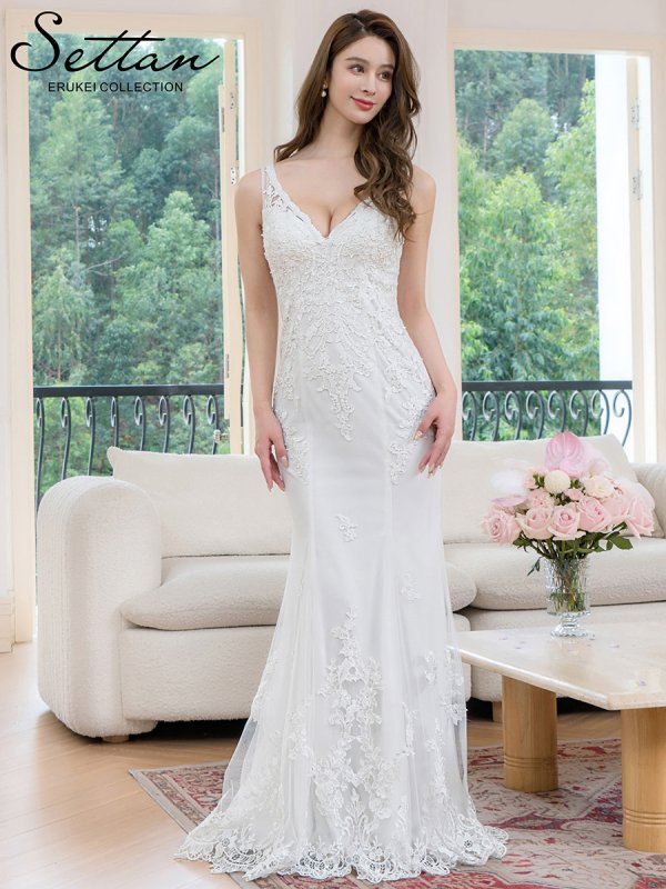 画像2: [送料無料][SETTAN]ホワイト・ノースリーブ・Vネック・パール・ビーズ・スパンコール・刺繍・チュールレース・タイト・マーメイド・ロングドレス[即日発送][大きいサイズあり] (2)