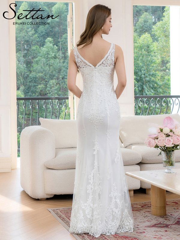 画像3: [送料無料][SETTAN]ホワイト・ノースリーブ・Vネック・パール・ビーズ・スパンコール・刺繍・チュールレース・タイト・マーメイド・ロングドレス[即日発送][大きいサイズあり] (3)