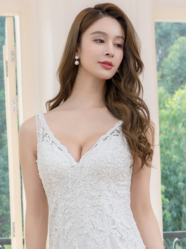 画像4: [送料無料][SETTAN]ホワイト・ノースリーブ・Vネック・パール・ビーズ・スパンコール・刺繍・チュールレース・タイト・マーメイド・ロングドレス[即日発送][大きいサイズあり] (4)