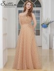 画像5: [SALE品のため返品不可][SETTAN]ベージュ×ブラック・ワンショルダー・ハートドット・チュールレース・ハイウエスト・Aライン・ロングドレス[即日発送][大きいサイズあり] (5)