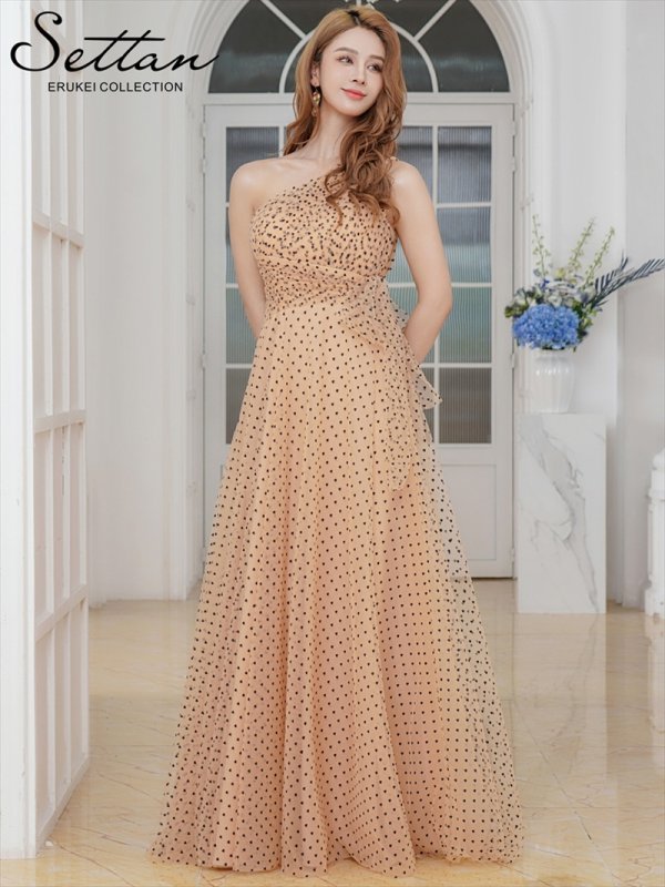 画像5: [SALE品のため返品不可][SETTAN]ベージュ×ブラック・ワンショルダー・ハートドット・チュールレース・ハイウエスト・Aライン・ロングドレス[即日発送][大きいサイズあり] (5)