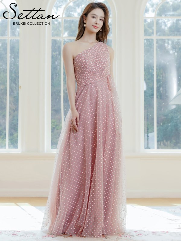画像2: [送料無料][SETTAN]ピンク×ホワイト・ブラック×ホワイト・ワンショルダー・ハートドット・チュールレース・ハイウエスト・Aライン・ロングドレス[即日発送][大きいサイズあり] (2)