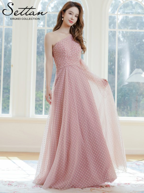 画像5: [送料無料][SETTAN]ピンク×ホワイト・ブラック×ホワイト・ワンショルダー・ハートドット・チュールレース・ハイウエスト・Aライン・ロングドレス[即日発送][大きいサイズあり] (5)