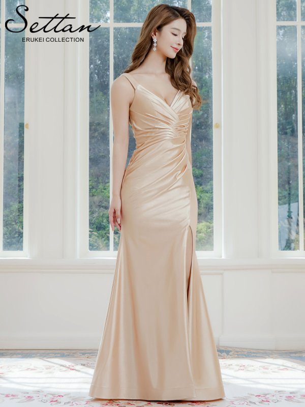 画像2: [送料無料][SETTAN]ベージュ・ブルー・ノースリーブ・キャミソール・シンプル・セクシー・キャザー・サテン・スリット・Aライン・ロングドレス[即日発送][大きいサイズあり] (2)