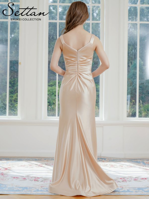 画像3: [送料無料][SETTAN]ベージュ・ブルー・ノースリーブ・キャミソール・シンプル・セクシー・キャザー・サテン・スリット・Aライン・ロングドレス[即日発送][大きいサイズあり] (3)