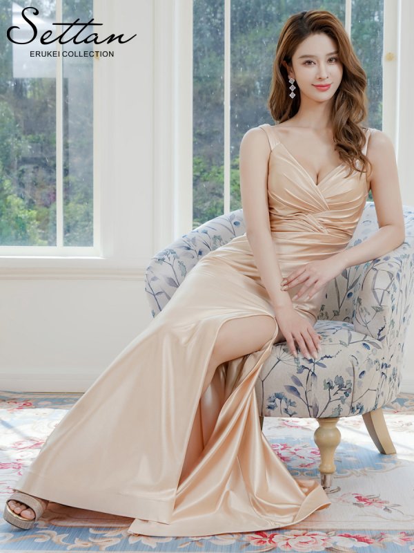 画像6: [送料無料][SETTAN]ベージュ・ブルー・ノースリーブ・キャミソール・シンプル・セクシー・キャザー・サテン・スリット・Aライン・ロングドレス[即日発送][大きいサイズあり] (6)