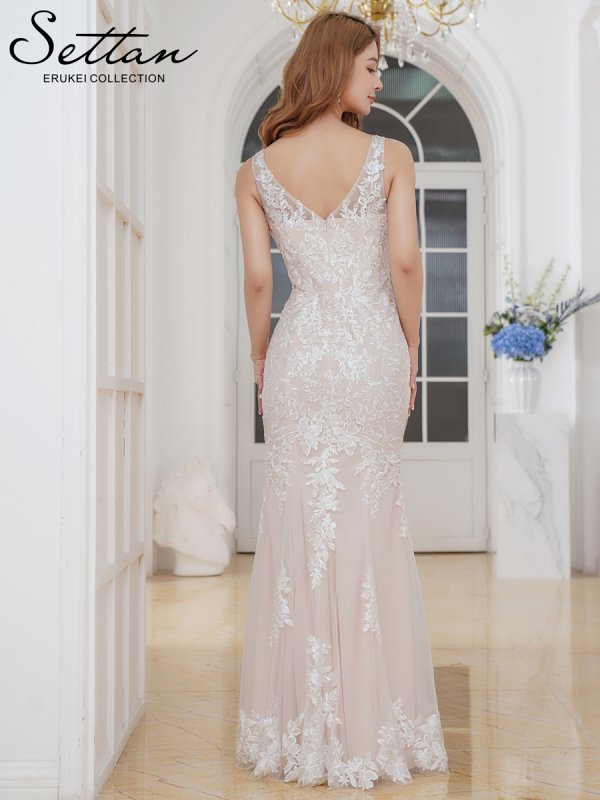 画像3: [送料無料][SETTAN]ホワイト×ベージュ・ノースリーブ・スパンコール・刺繍・チュールレース・高級感・エレガント・マーメイド・ロングドレス[即日発送][大きいサイズあり] (3)