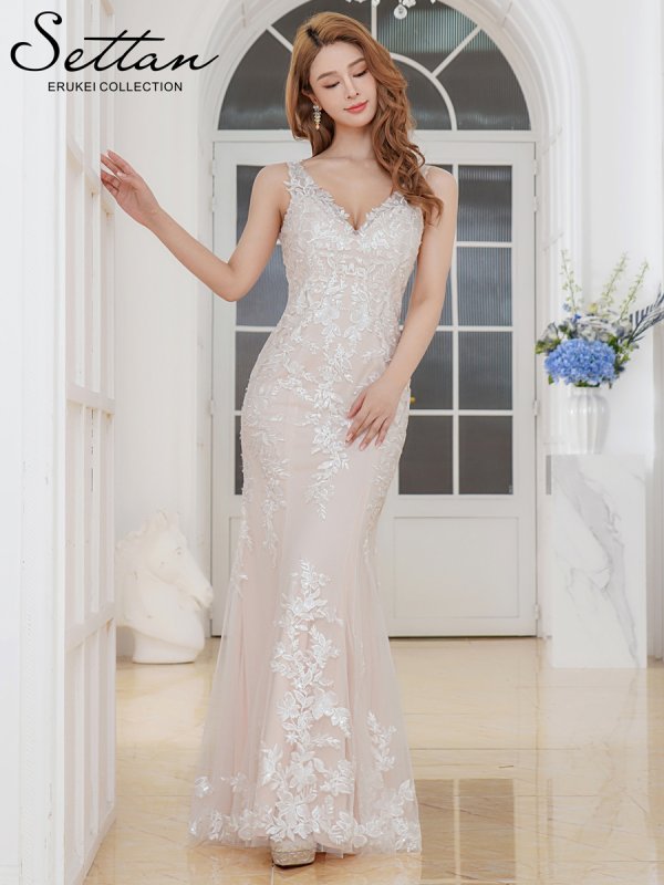 画像5: [送料無料][SETTAN]ホワイト×ベージュ・ノースリーブ・スパンコール・刺繍・チュールレース・高級感・エレガント・マーメイド・ロングドレス[即日発送][大きいサイズあり] (5)