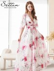 画像2: [送料無料][SETTAN]ホワイト×ピンク・袖付き・ハーフスリーブ・カシュクール・花柄・プリント・シアー・Aライン・ロングドレス[即日発送][大きいサイズあり] (2)