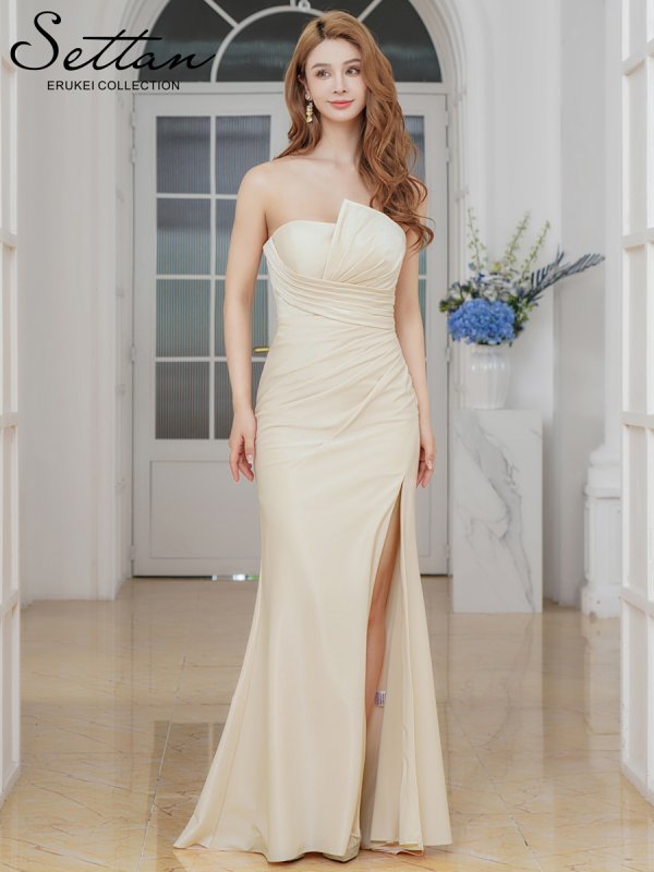 画像5: [送料無料][SETTAN]ベージュ・ブルー・シャイニーサテン・アシンメトリー・ベア・タック・スピンドル・スリット・ストレッチ・タイト・マーメイド・ロングドレス[即日発送][大きいサイズあり] (5)