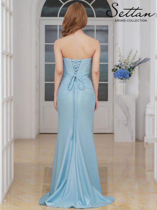 画像9: [送料無料][SETTAN]ベージュ・ブルー・シャイニーサテン・アシンメトリー・ベア・タック・スピンドル・スリット・ストレッチ・タイト・マーメイド・ロングドレス[即日発送][大きいサイズあり] (9)